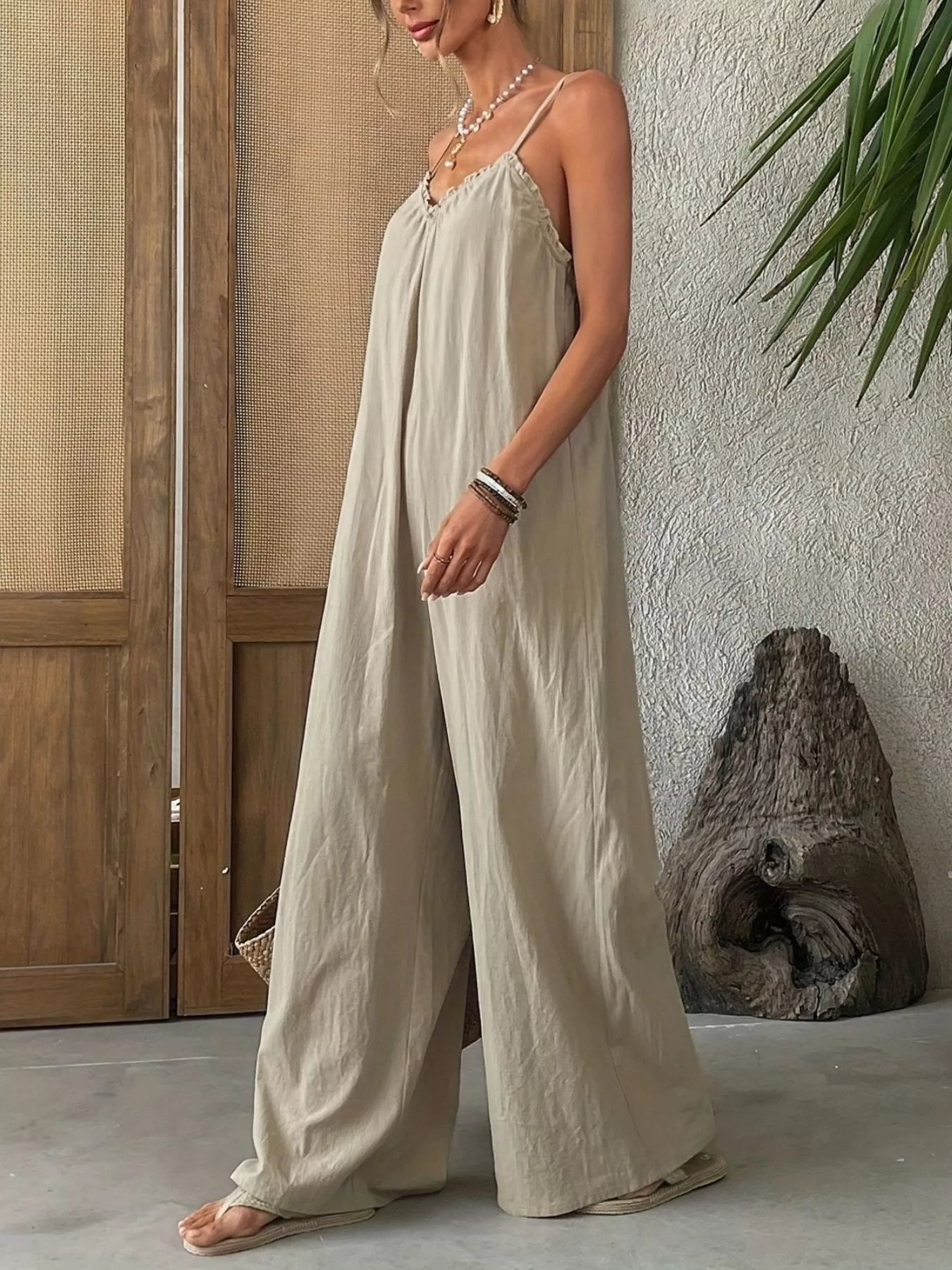 Sleeveless Wide Leg Jumpsuit in Khaki