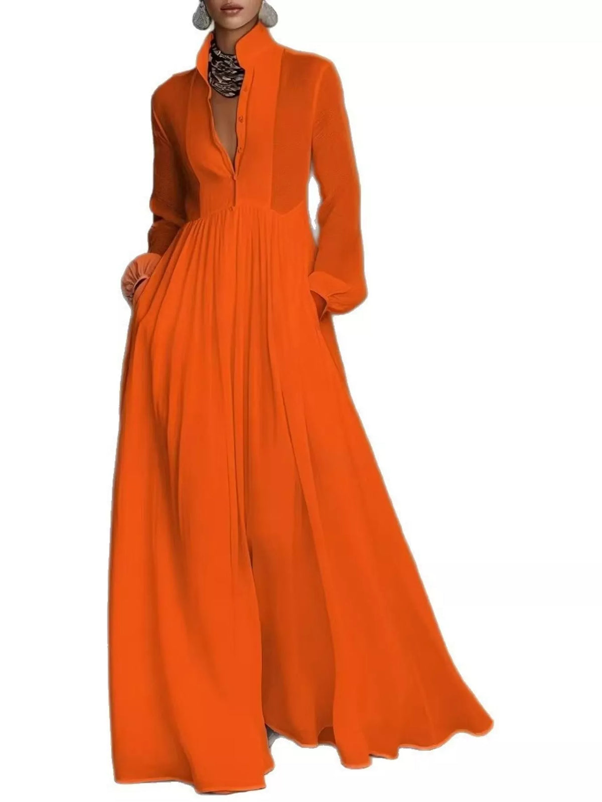 Long-Sleeve Button Front Maxi Dress