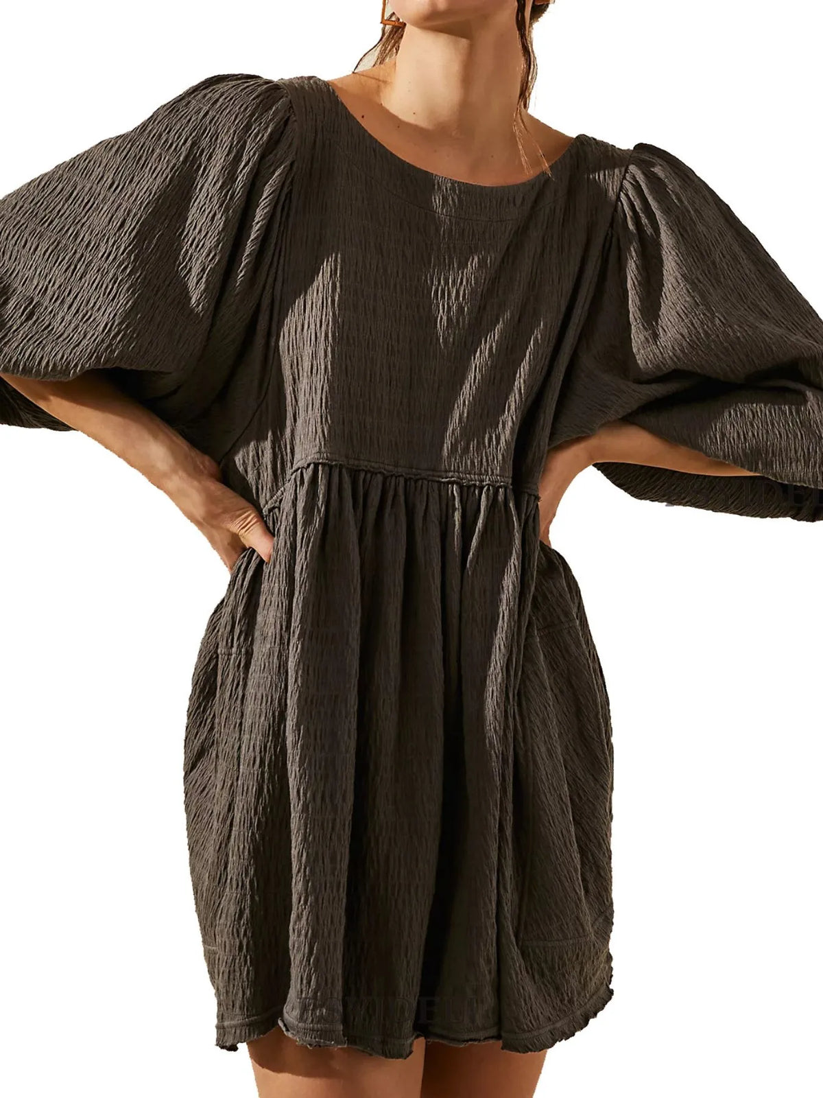Relaxed Textured Babydoll Mini Dress with Keyhole Back