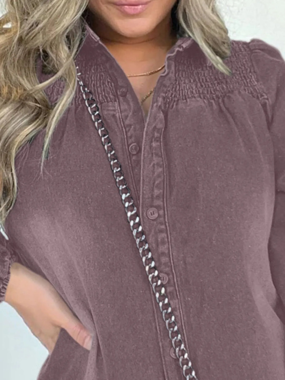 Button-Front Long Sleeve Denim Dress