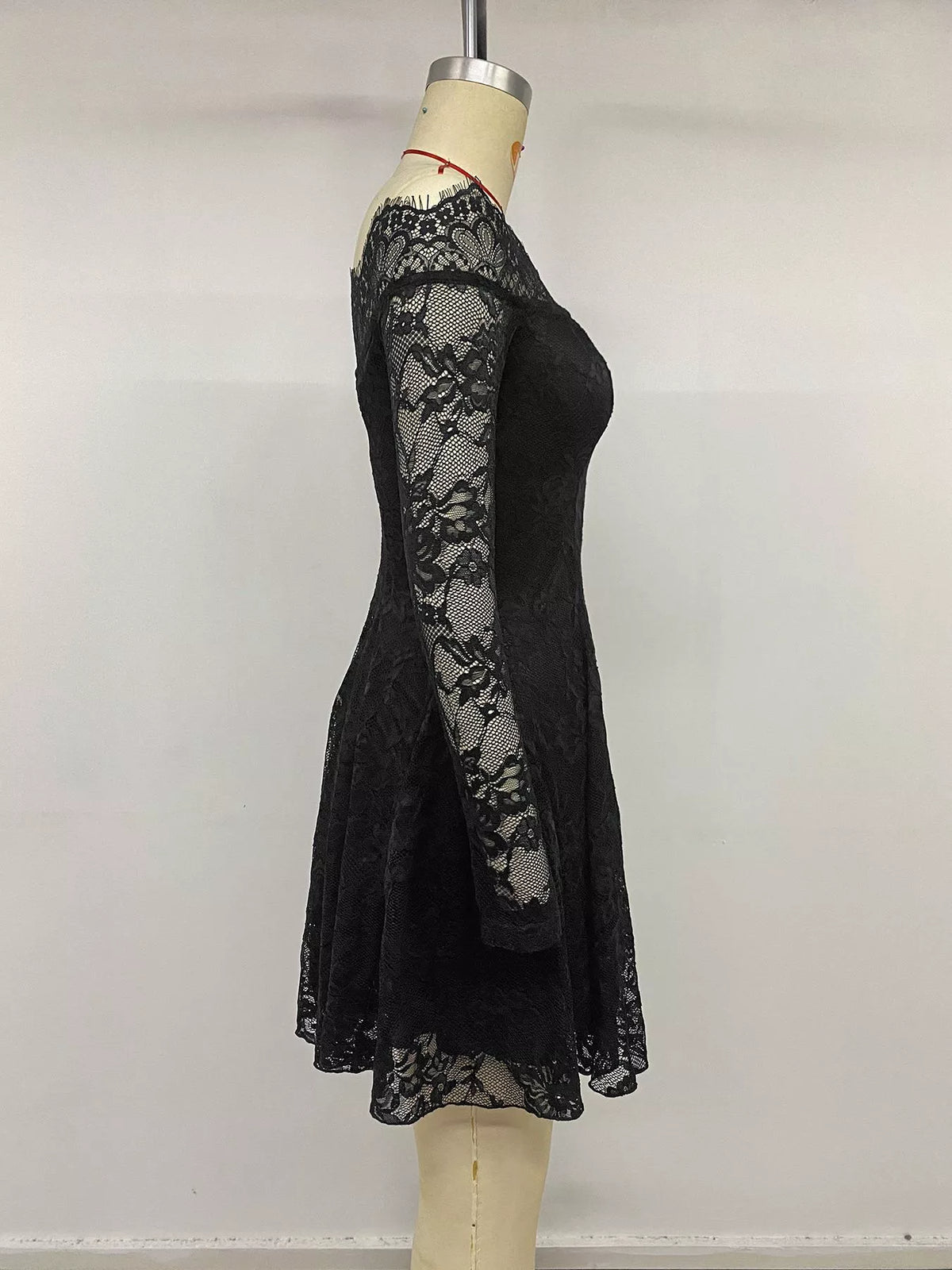 Lace Off Shoulder Mini Dress in Black