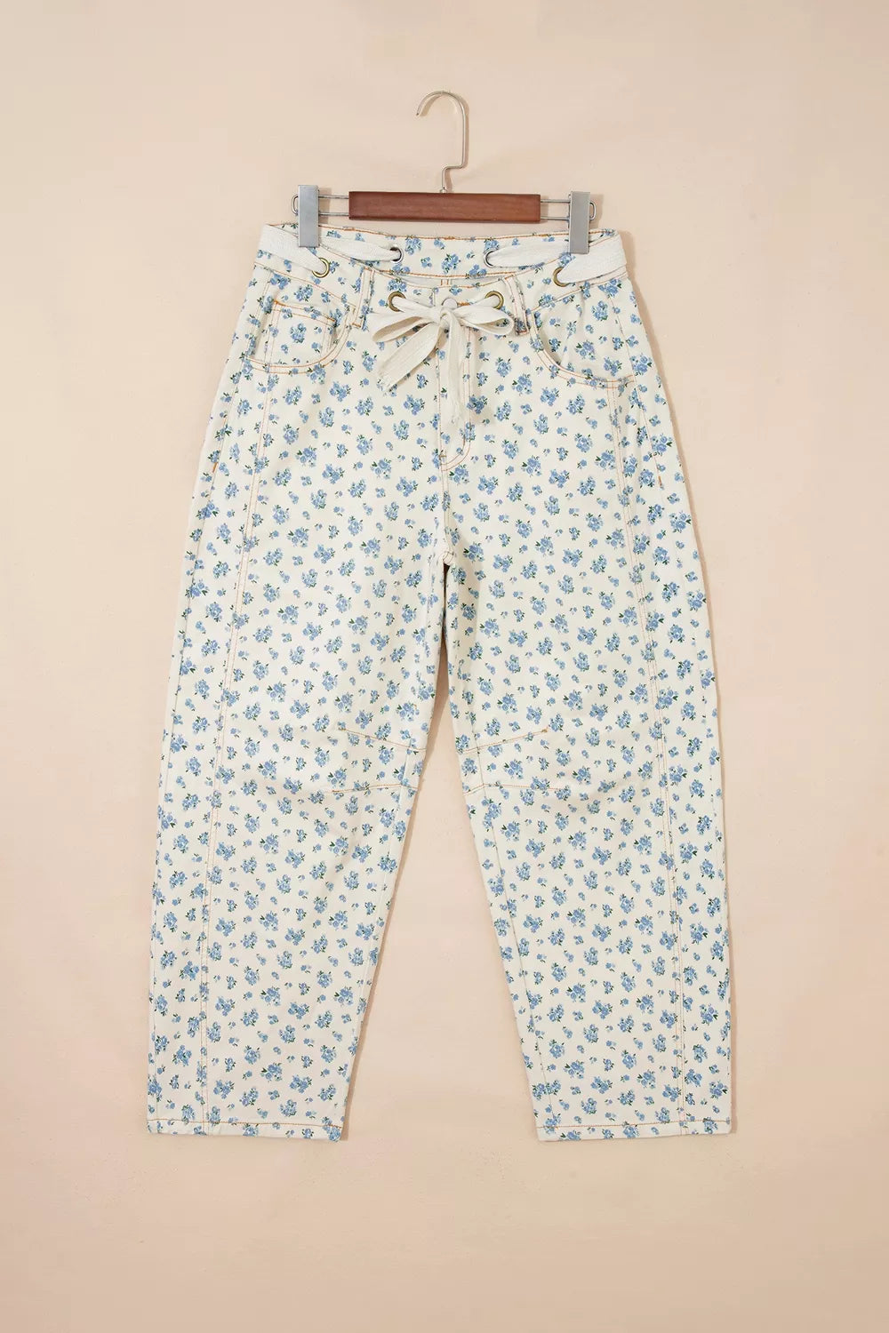 Grommet Knot Waist Floral Barrel Leg Jeans in Beige