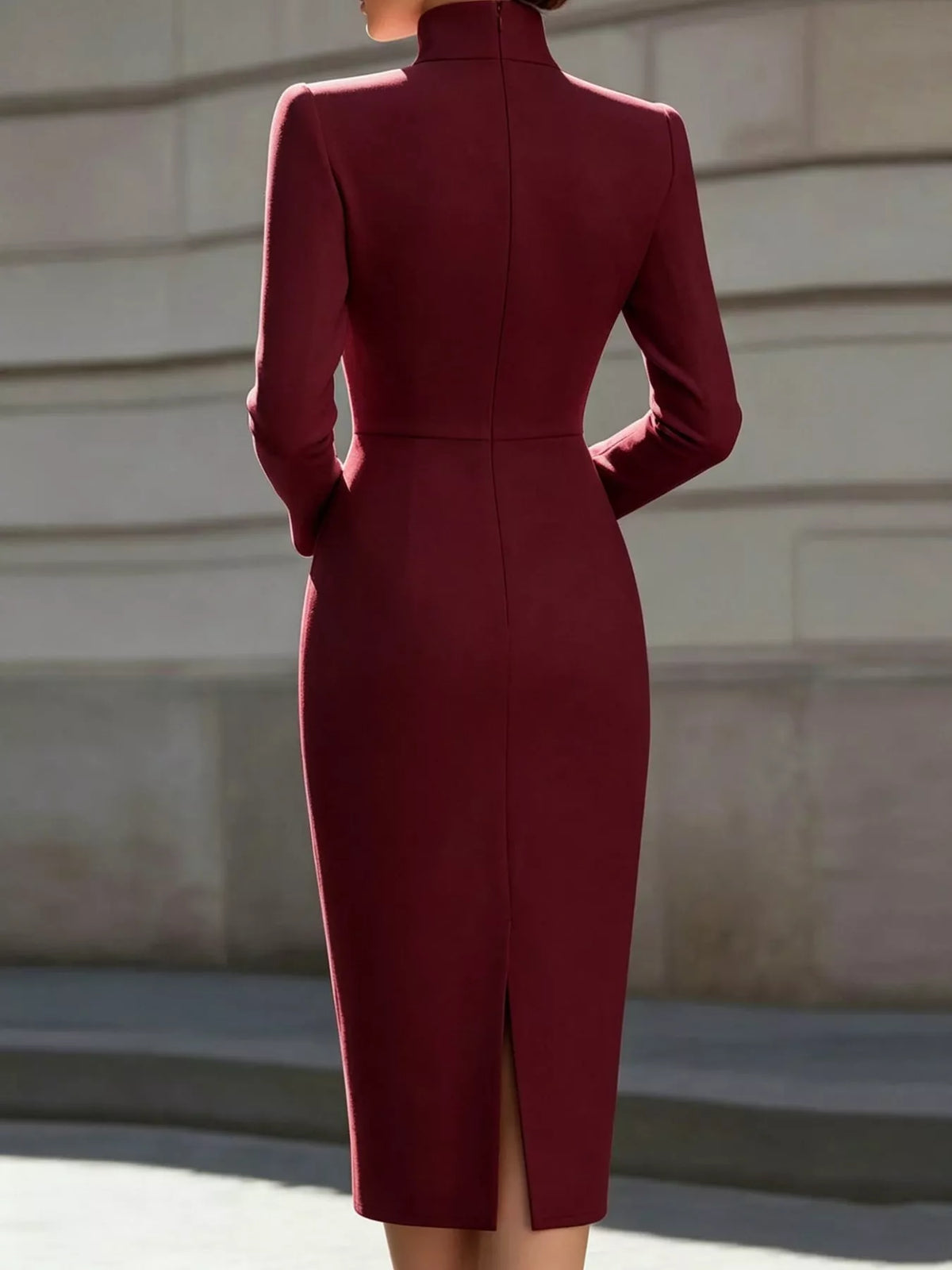 Plus Size Stand-Collar Long-Sleeve Midi Dress