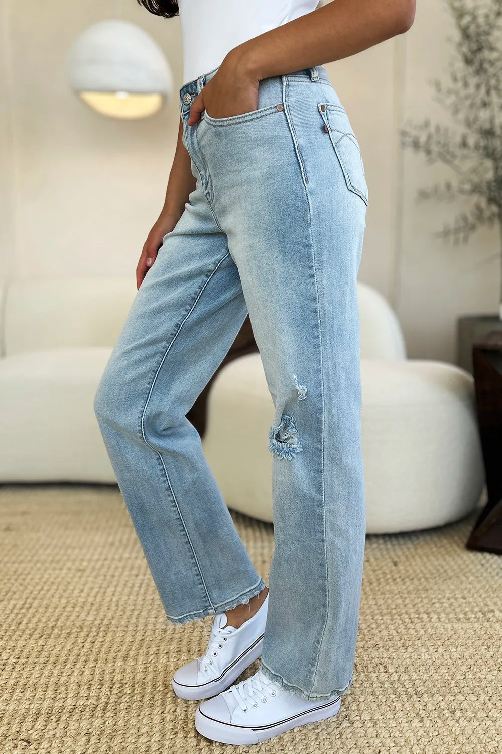 Judy Blue High Waist Distressed Straight Jeans in Light