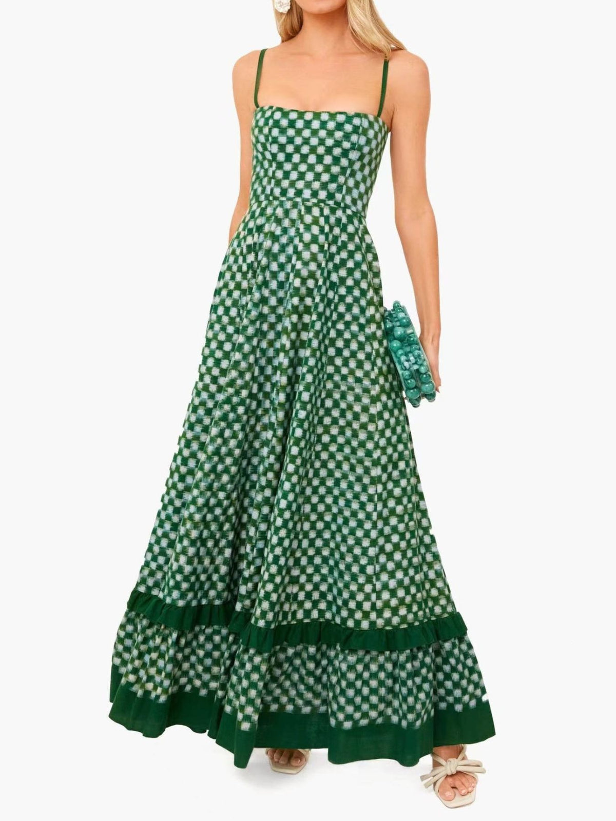 Checkered Spaghetti Strap Maxi Dress in Green