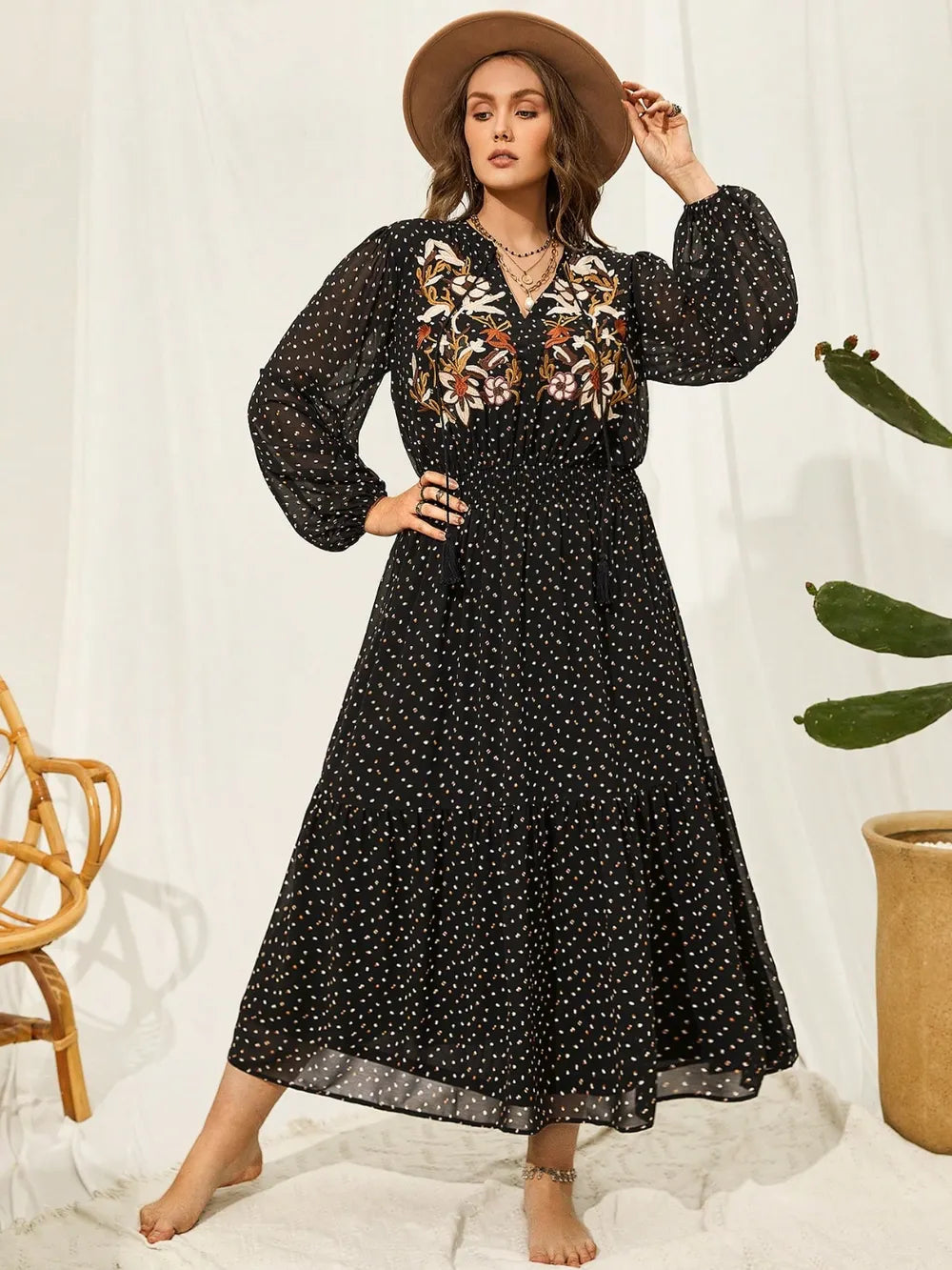Embroidered Balloon Sleeve Dress in Black