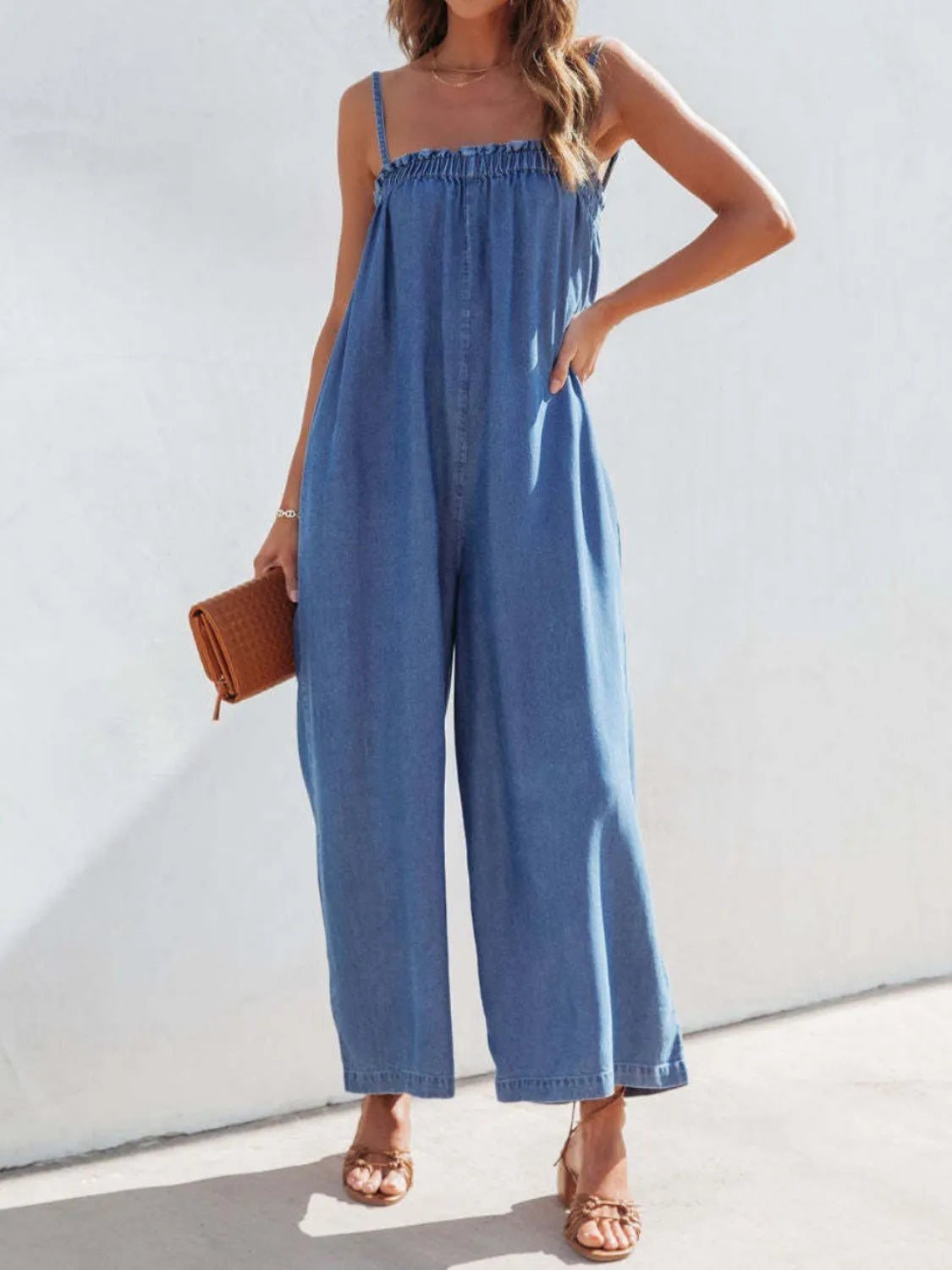 Spaghetti Strap Wide Leg Denim Jumpsuit in Medium Wash by Yolan House
