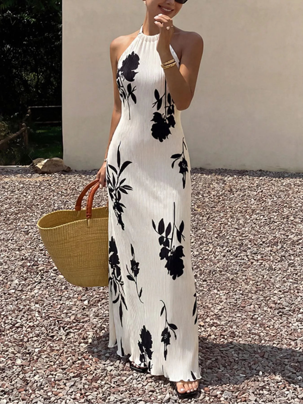 Floral Print Halter Neck Maxi Dress in White