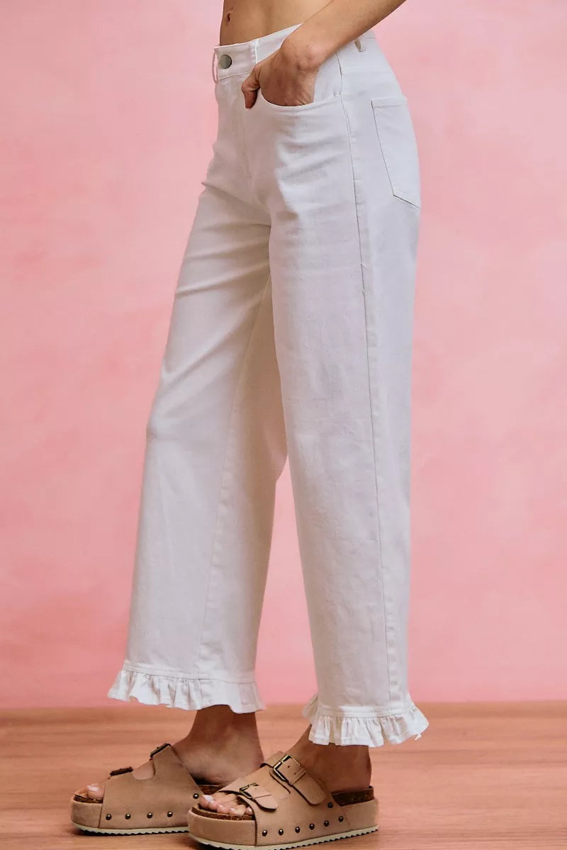 So Me Ruffled Hem Mid Rise Jeans in White