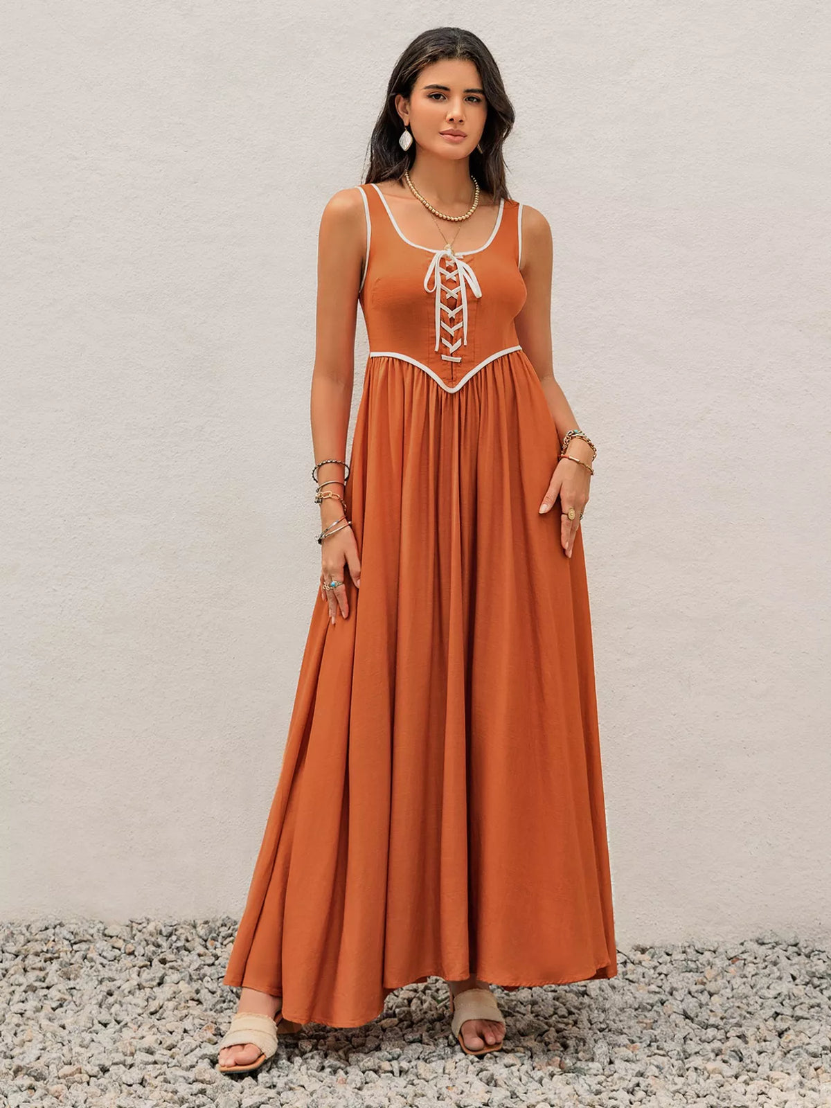Contrast Trim Lace-Up Maxi Tank Dress in Terracotta