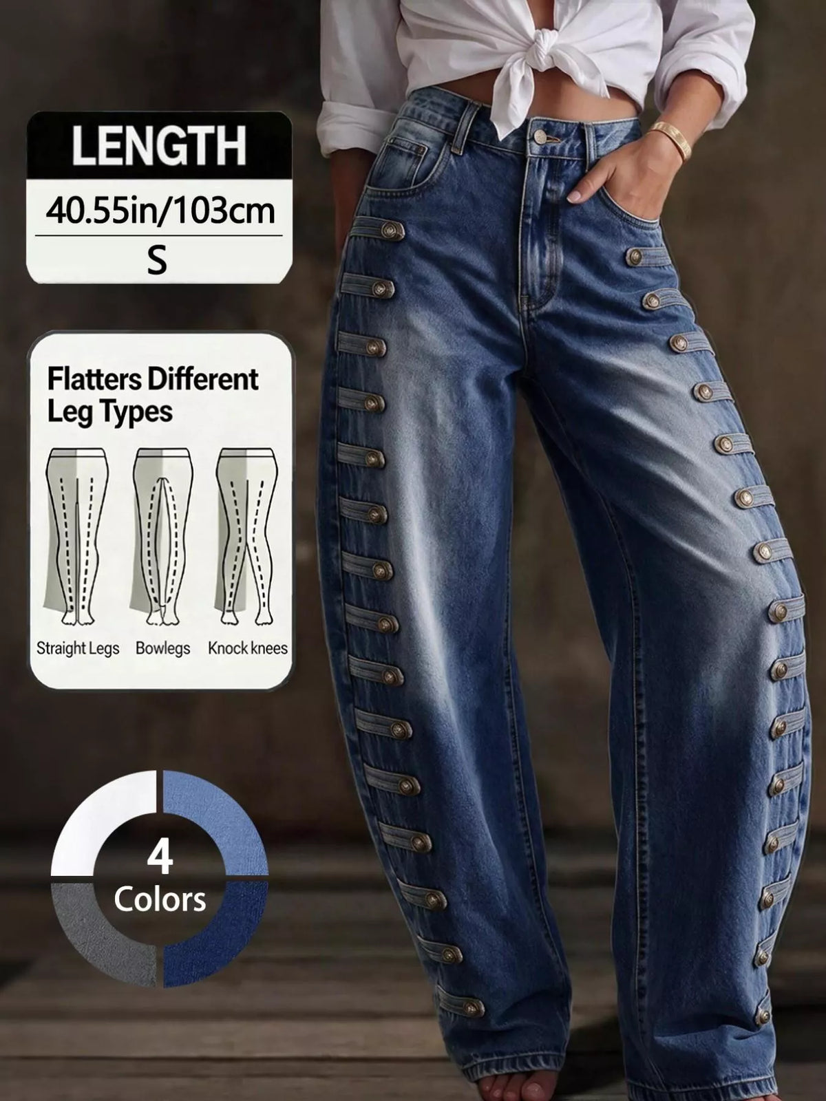 Decorative Button Wide Leg Jeans
