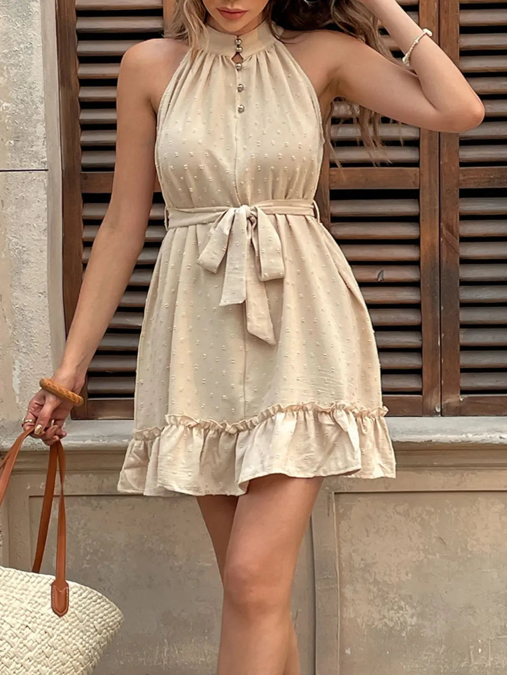 Swiss Dot Ruffled Mini Dress in Tan
