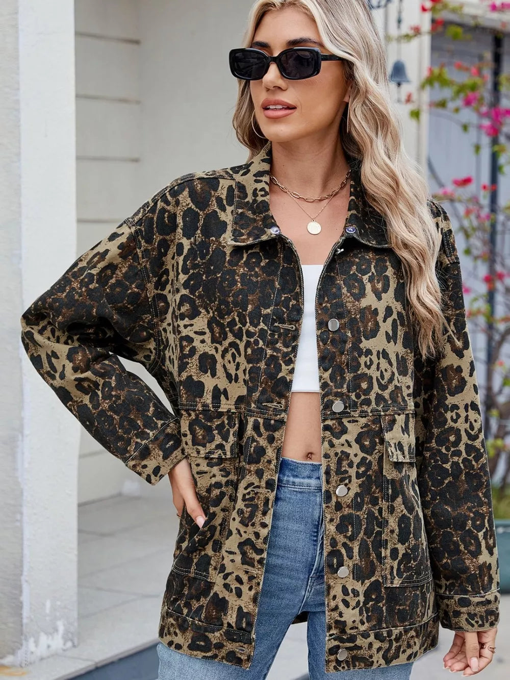 Leopard Print Denim Jacket with Removable Hat by Moni Wear