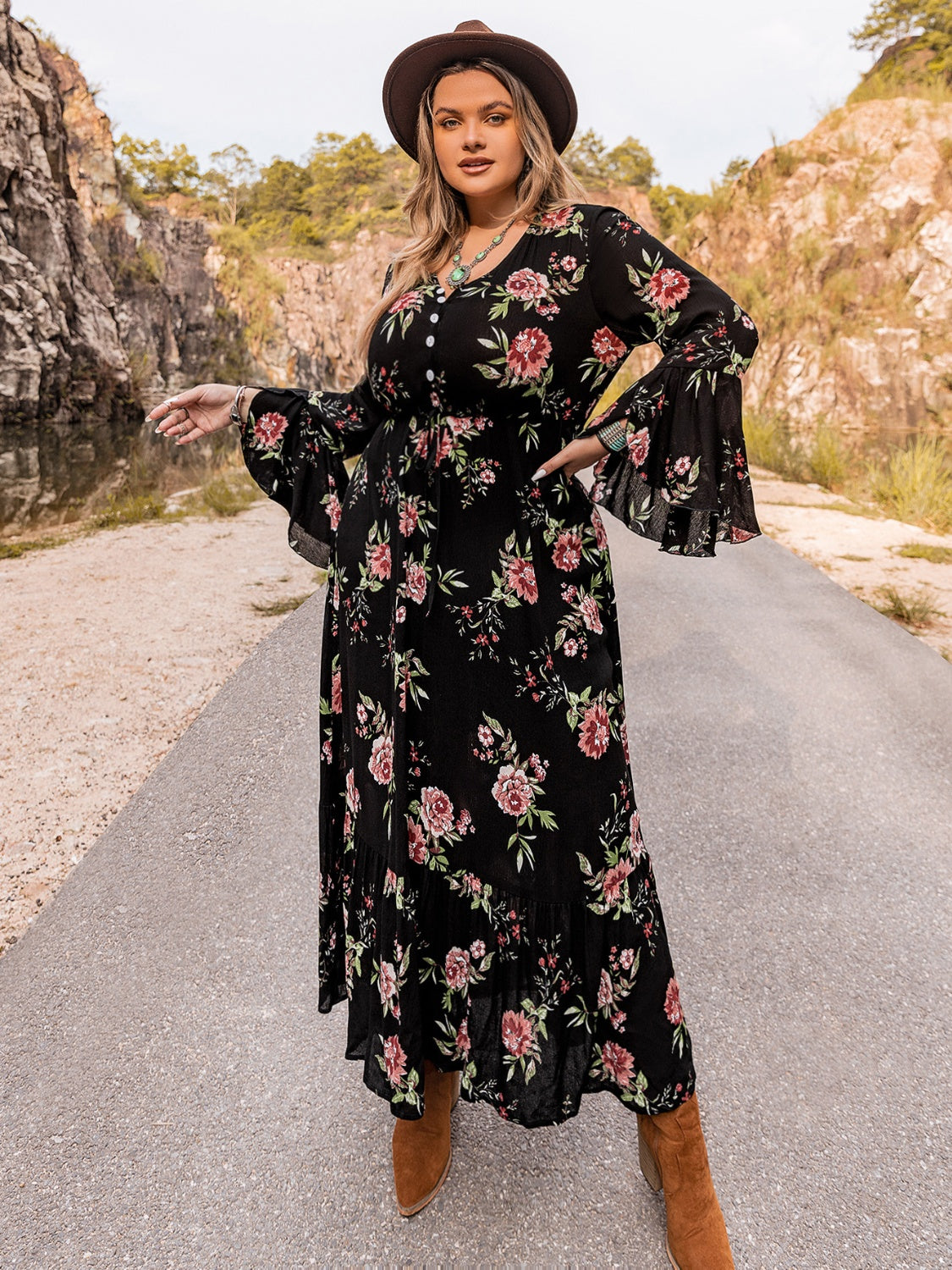 Floral Flare Sleeve Dress in Black