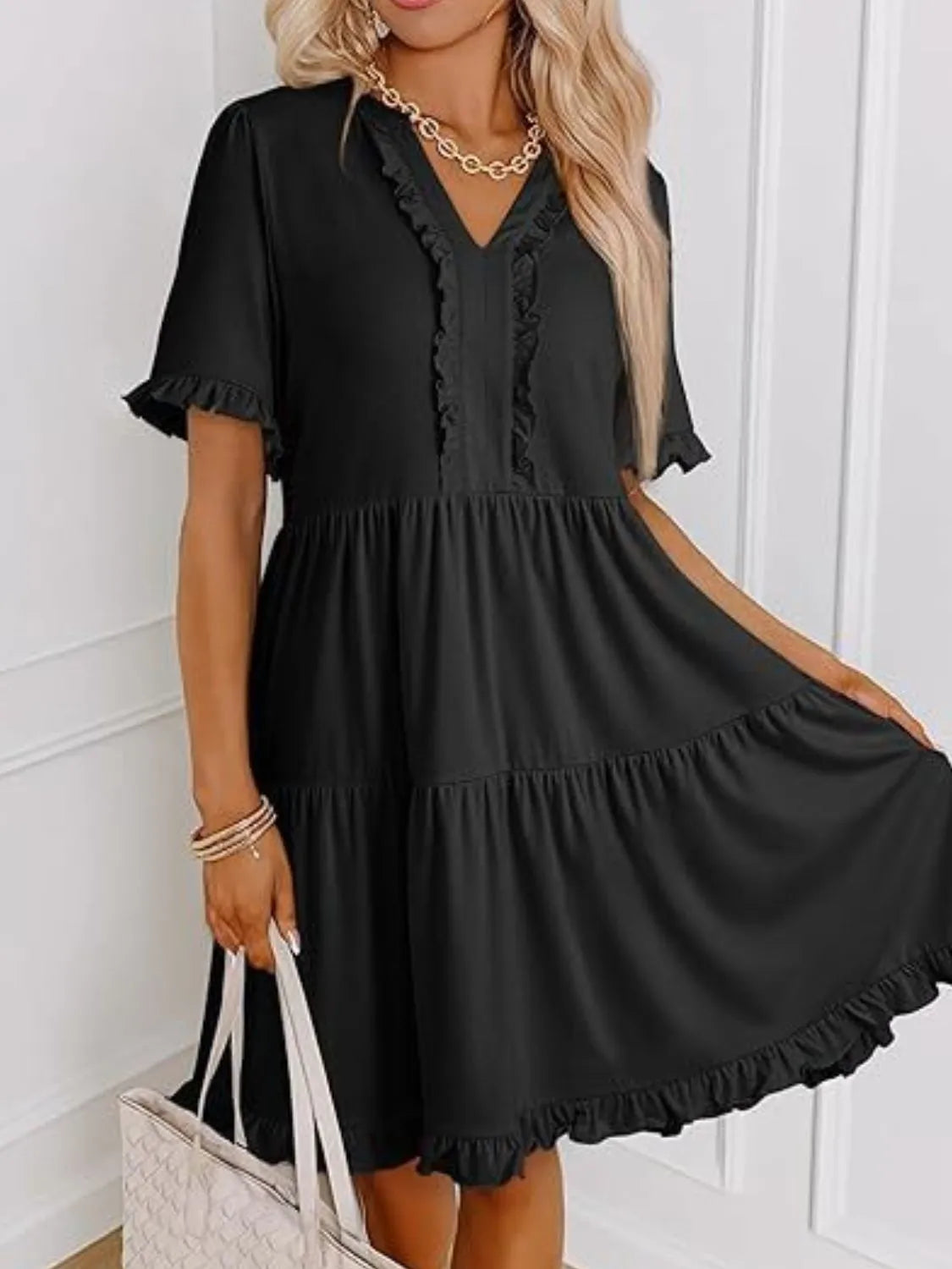 Tiered Notched Short Sleeve Mini Dress by Gen Beauty