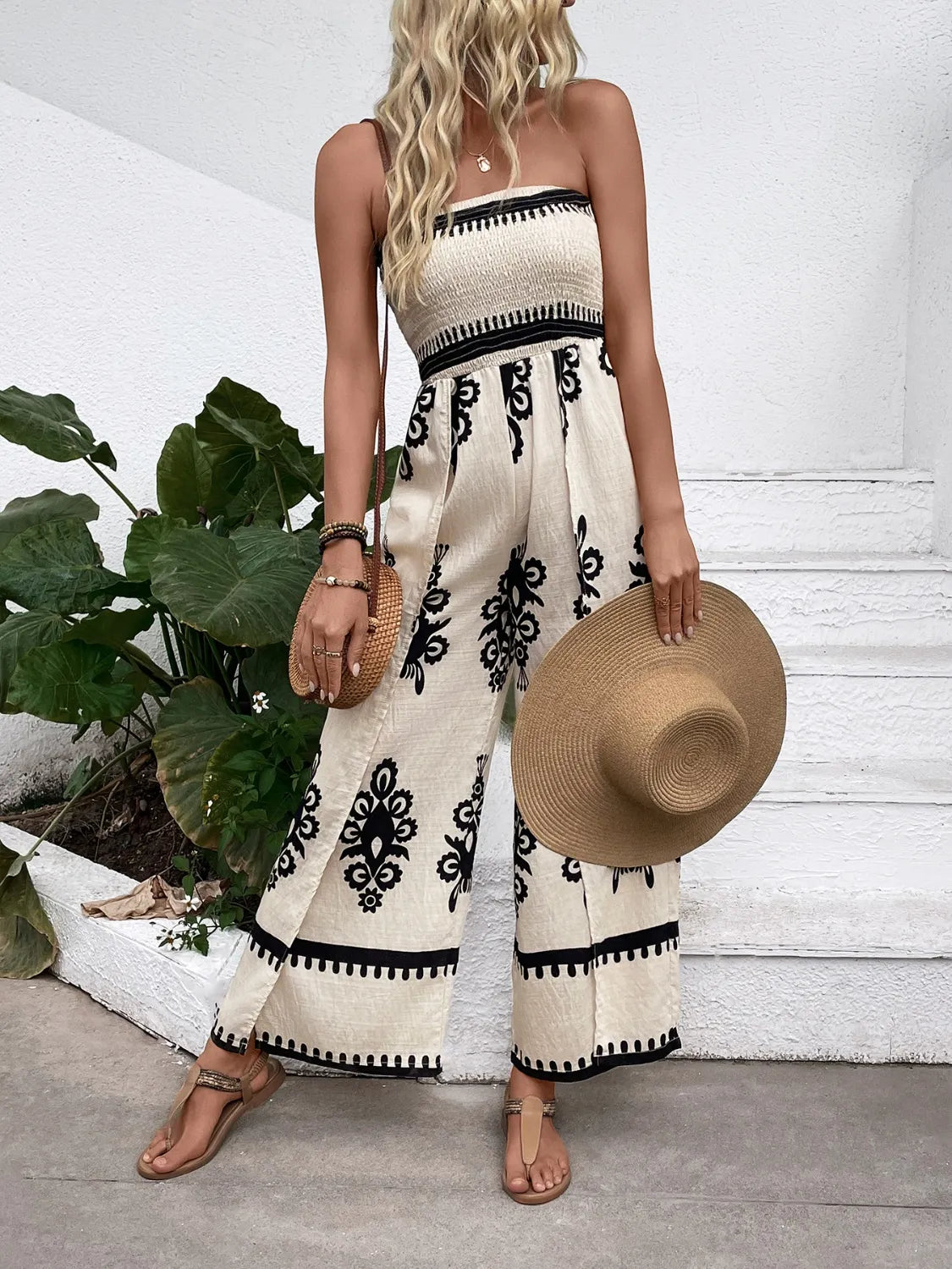Smocked Wide Leg Jumpsuit in Beige