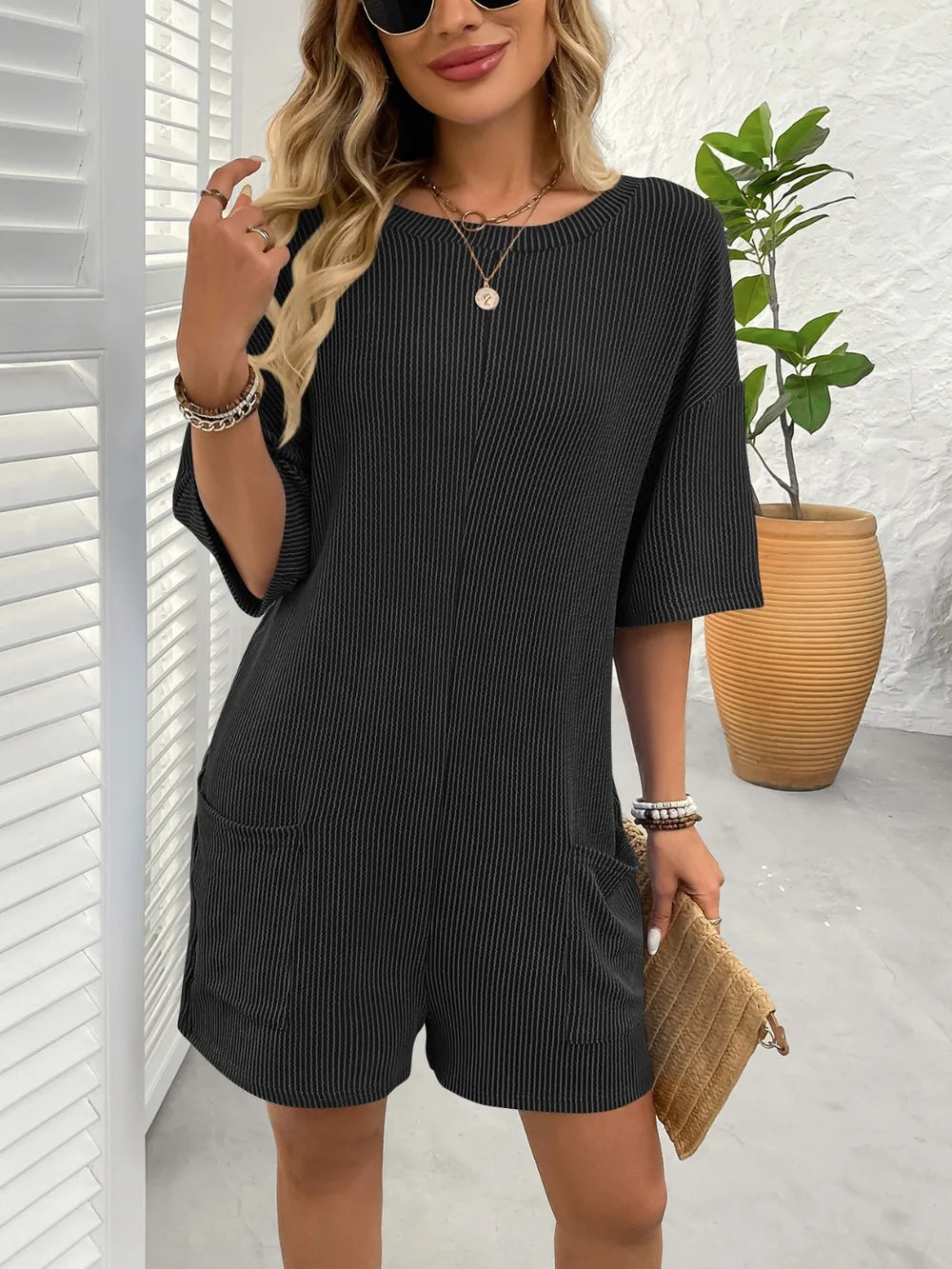 Backless Textured Half Sleeve Romper