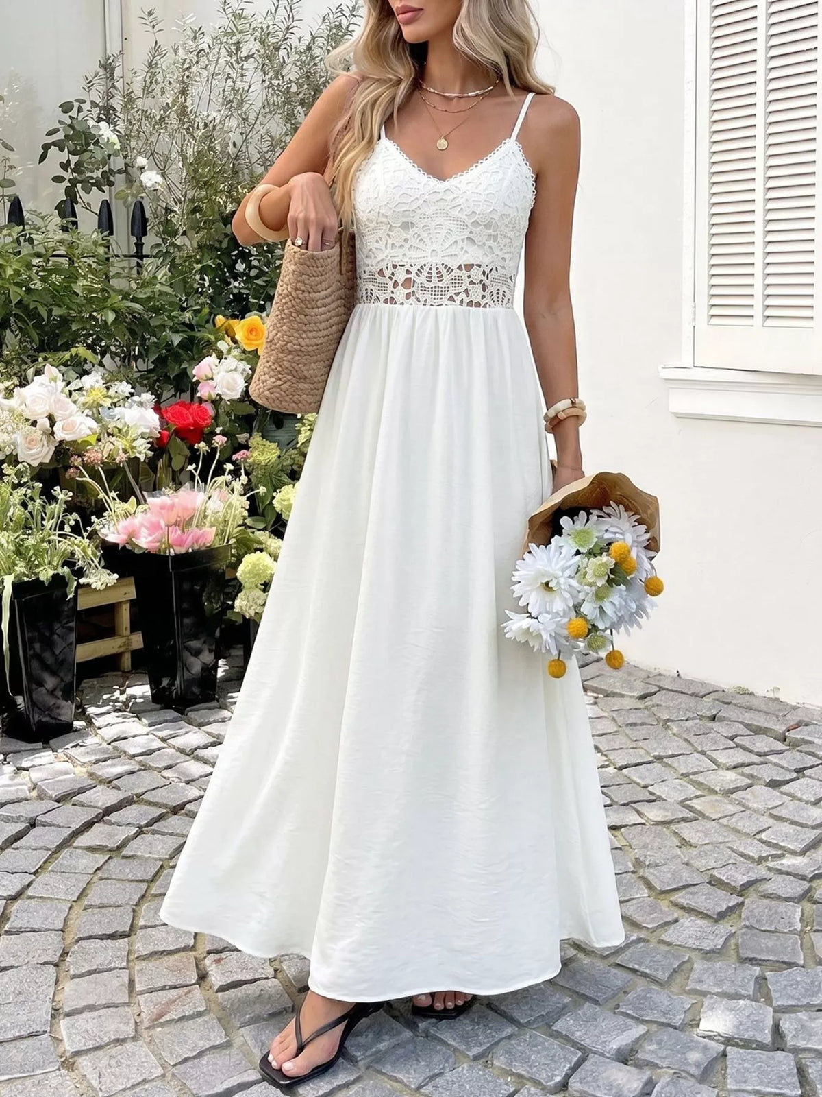 Lace V-Neck Flowy Maxi Dress in White