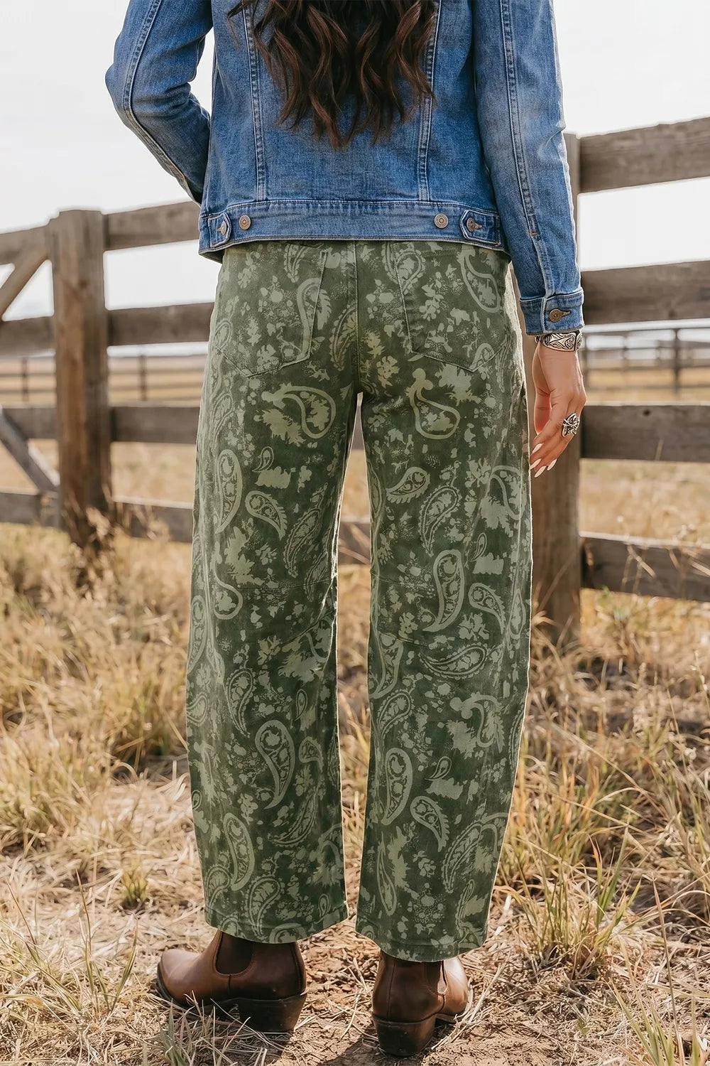 Paisley Print Harem Denim Pants in Dark Green