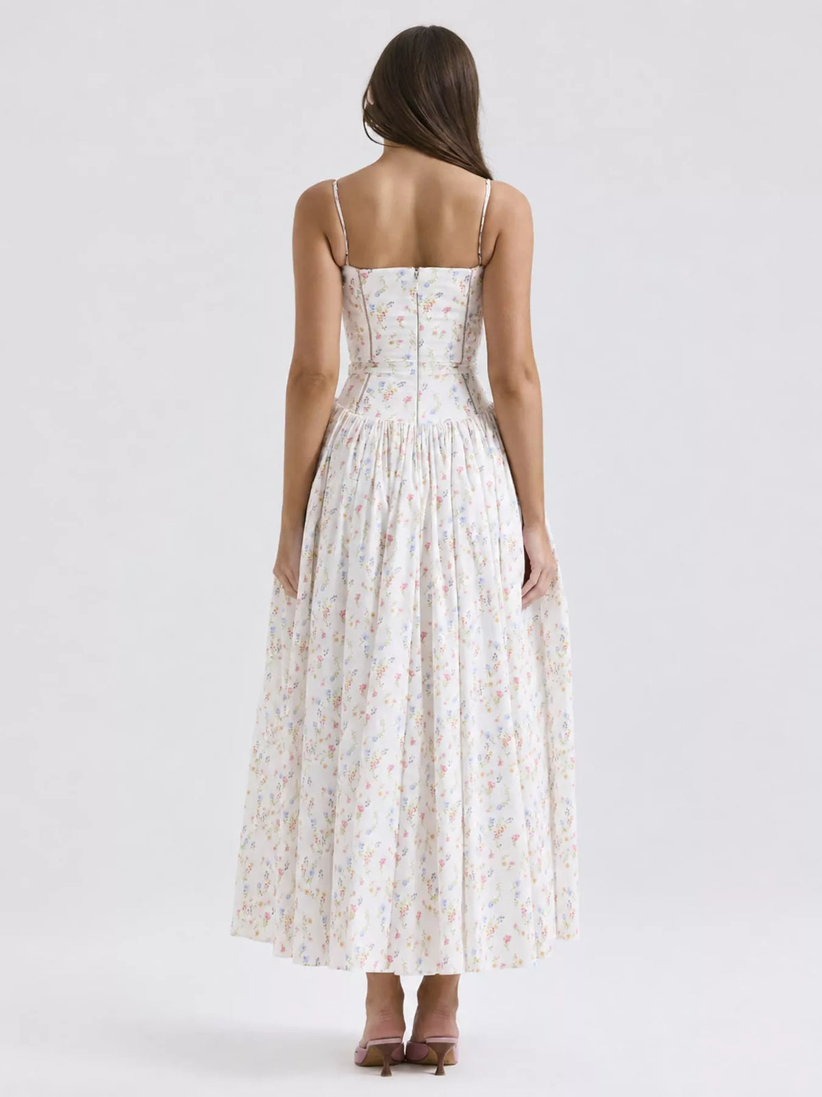 Floral Spaghetti Strap Midi Dress in White