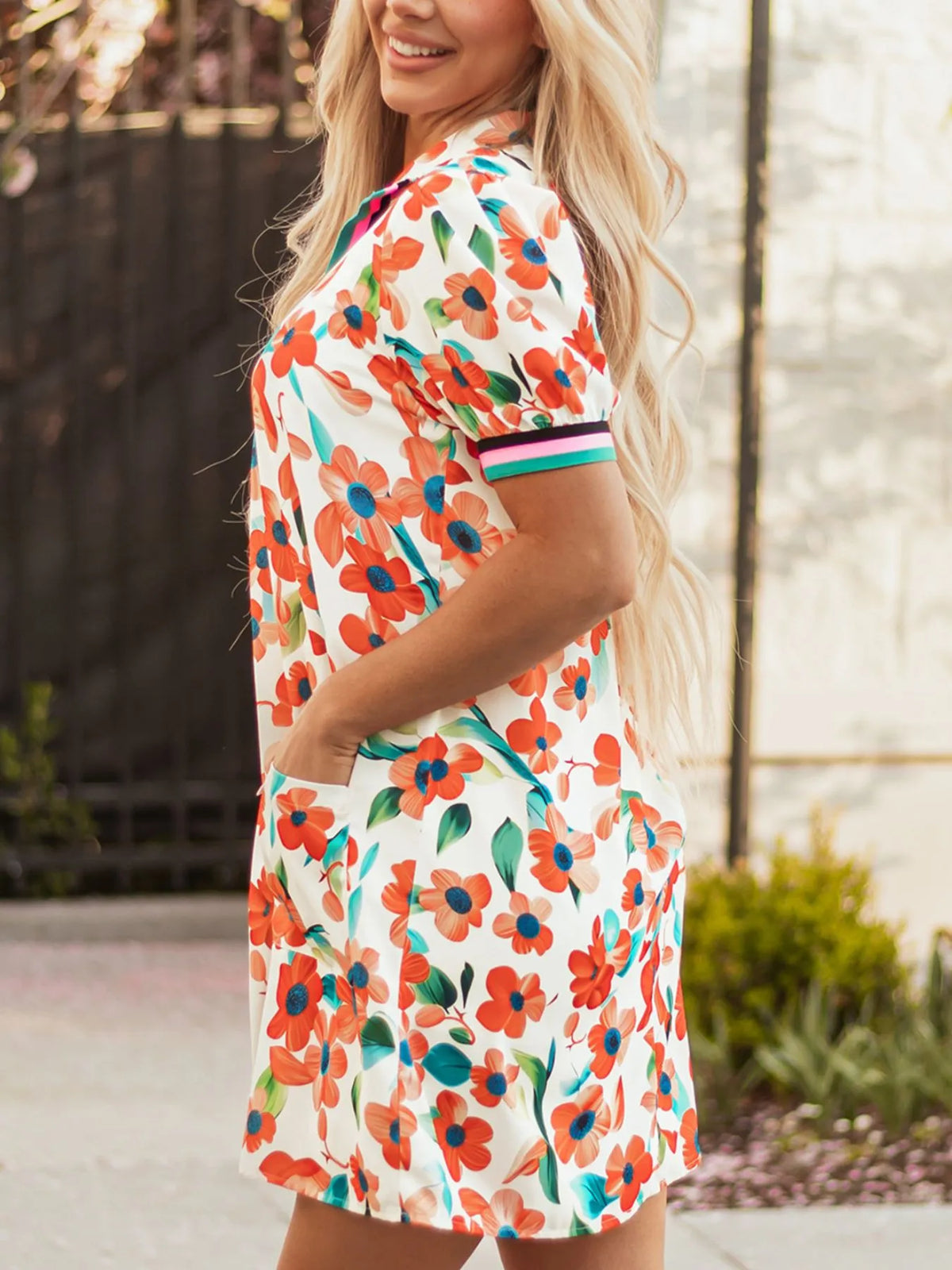 Contrast Trim Floral Tiered Mini Dress