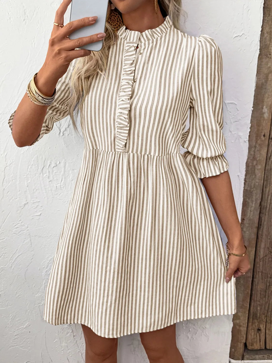 Striped Half Sleeve Dress in Tan