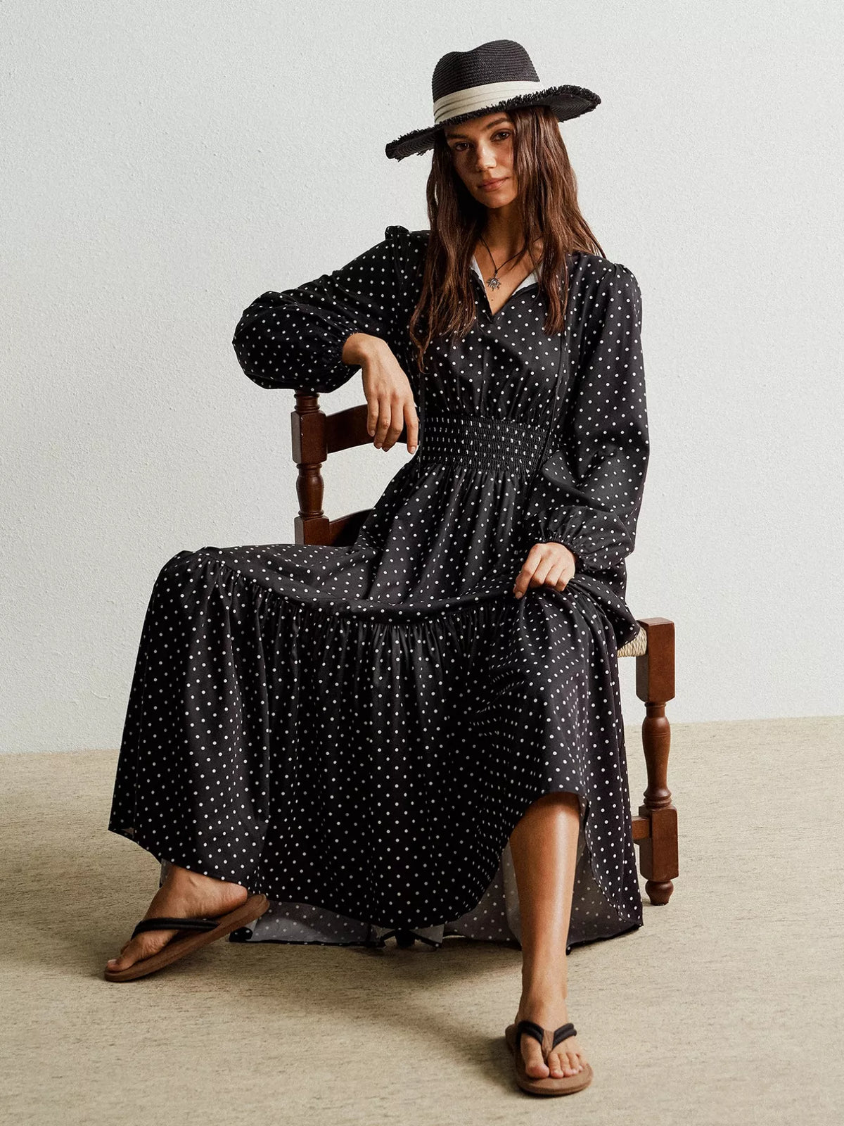 Polka Dot Long Sleeve Maxi Dress in Black