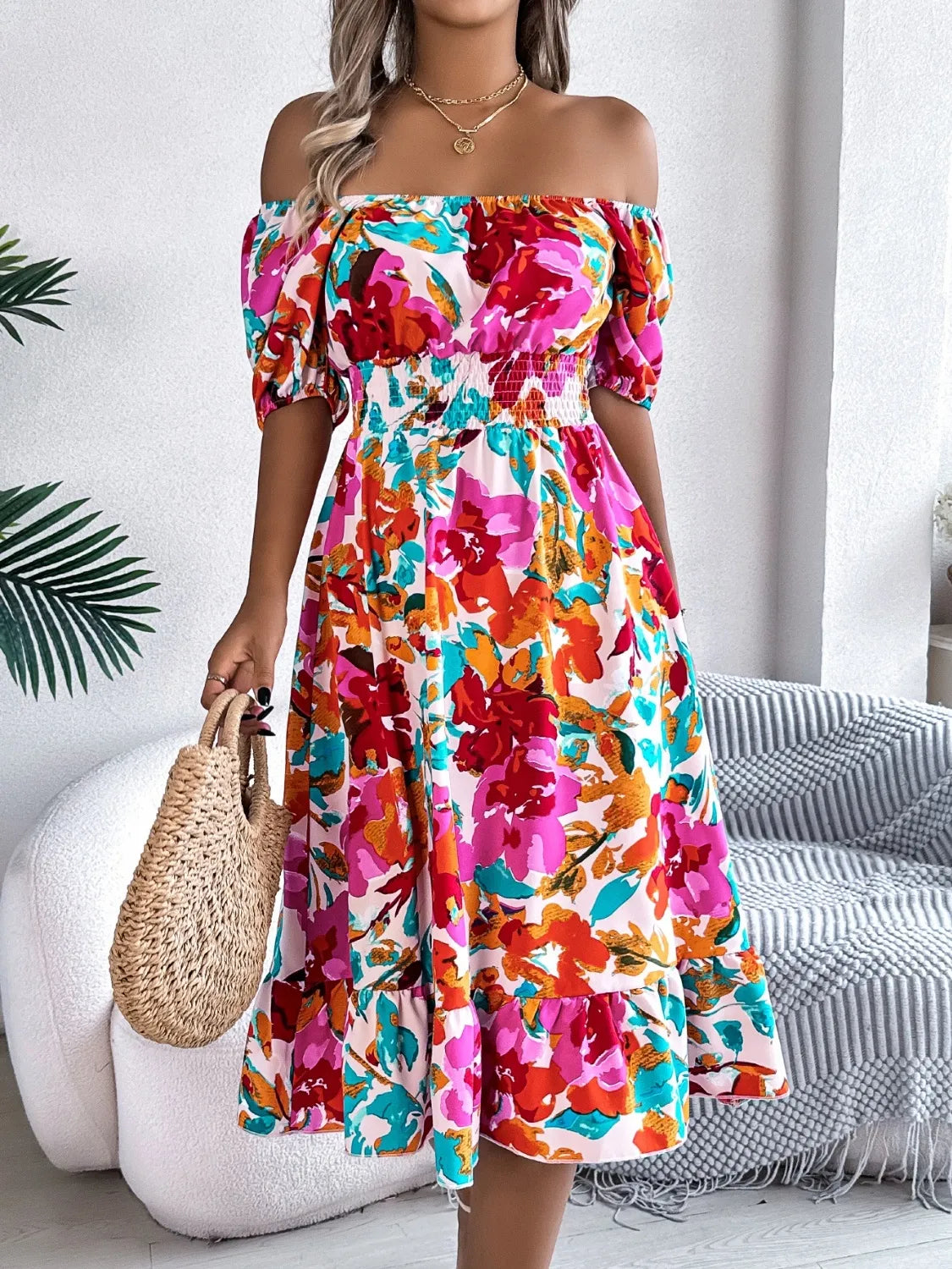 Ruffled Hem Smocked Floral Short Sleeve Midi Dress