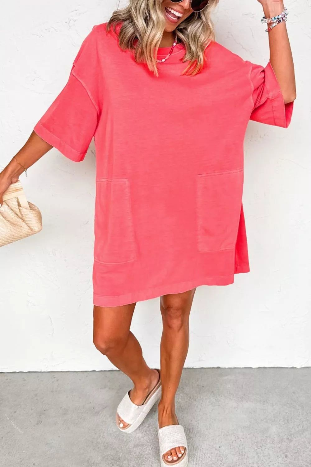 Coral Paradise Drop-Shoulder T-Shirt Dress in Strawberry