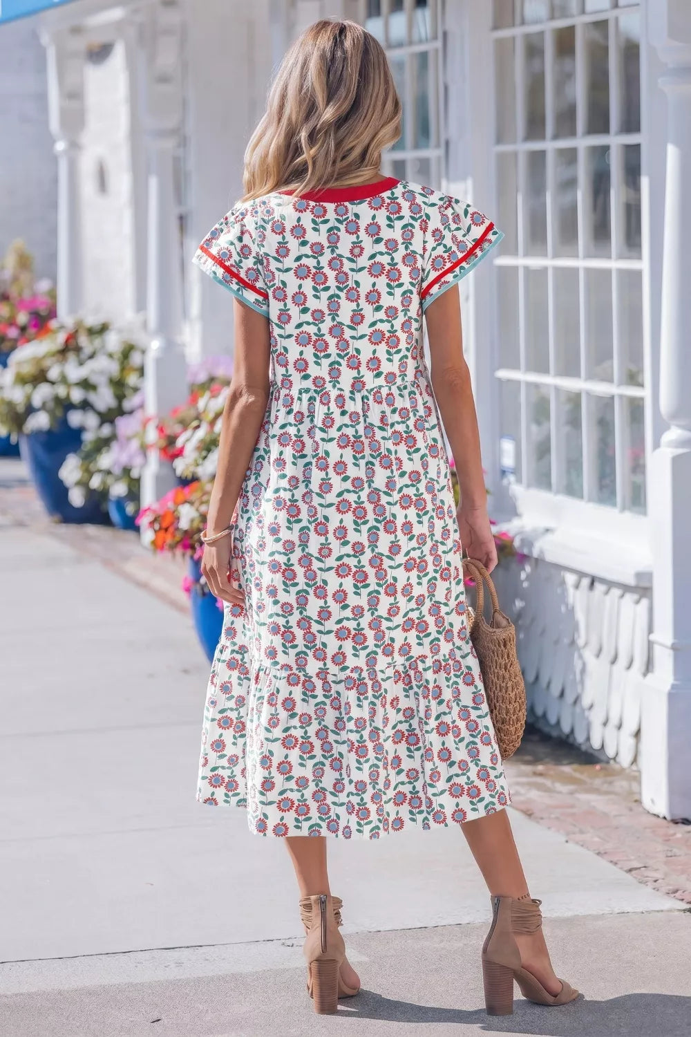Ruffle Sleeve Tiered Midi Dress in Strawberry