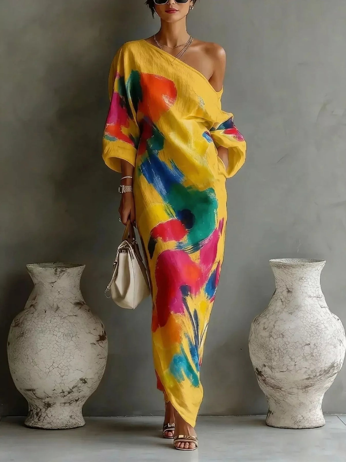 One-Shoulder Abstract Print Maxi Dress by Kaelinne