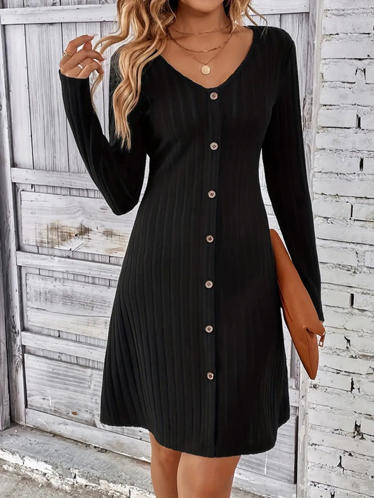 V-Neck Long Sleeve Mini Dress in Black