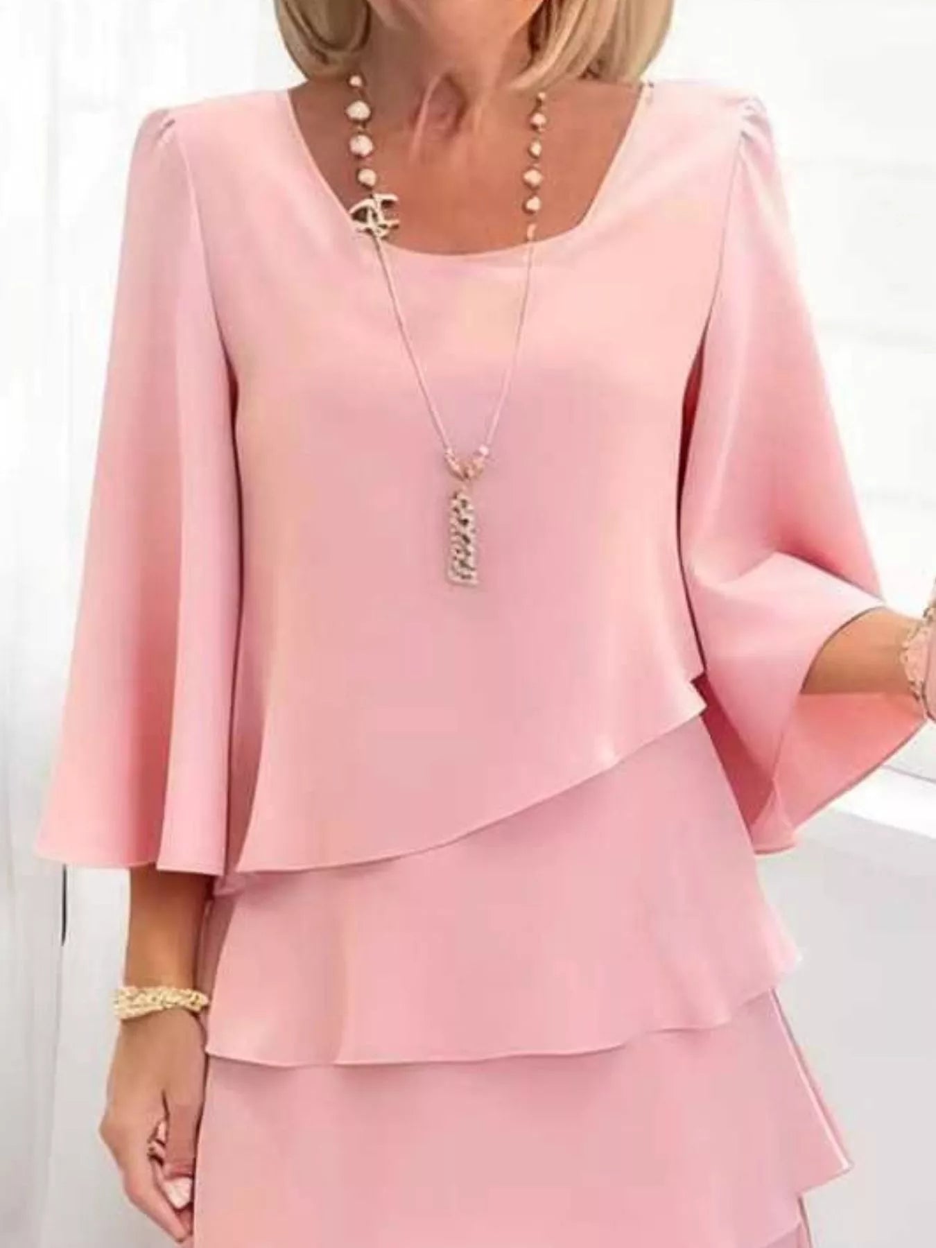 Ruffled Layered 3/4-Sleeve Dress, Plus Size