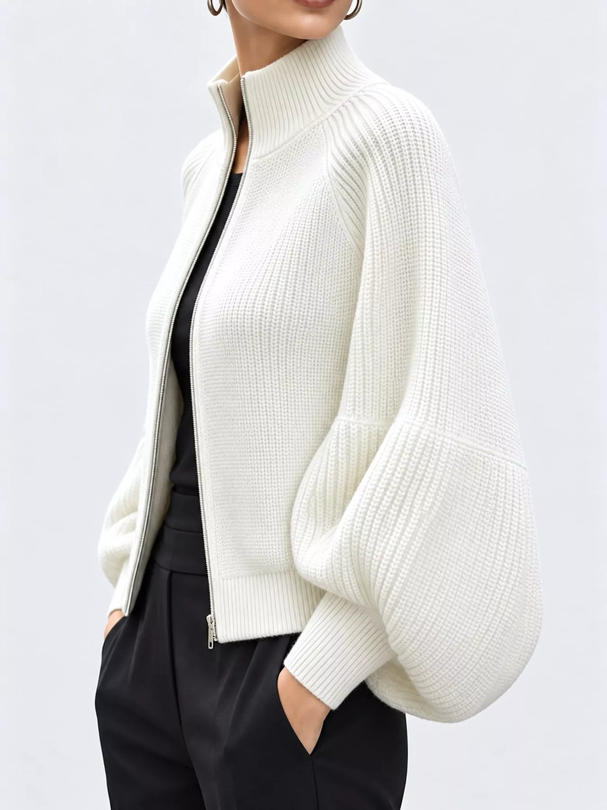 Ribbed Knit Zip-Up Cardigan with Lantern Sleeves