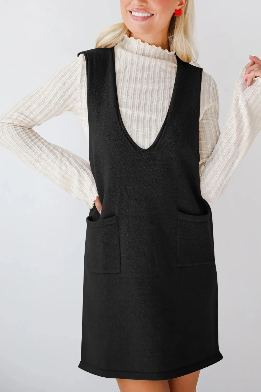 Pocketed V-Neck Sweater Overall Dress