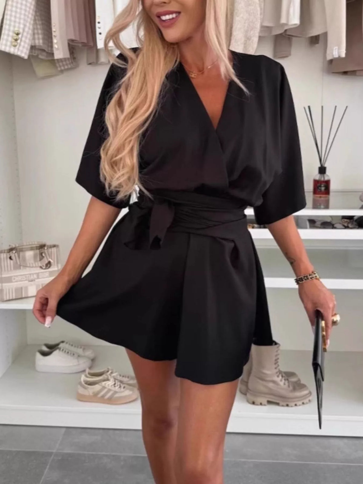 Belted Surplice Tie-Waist Romper
