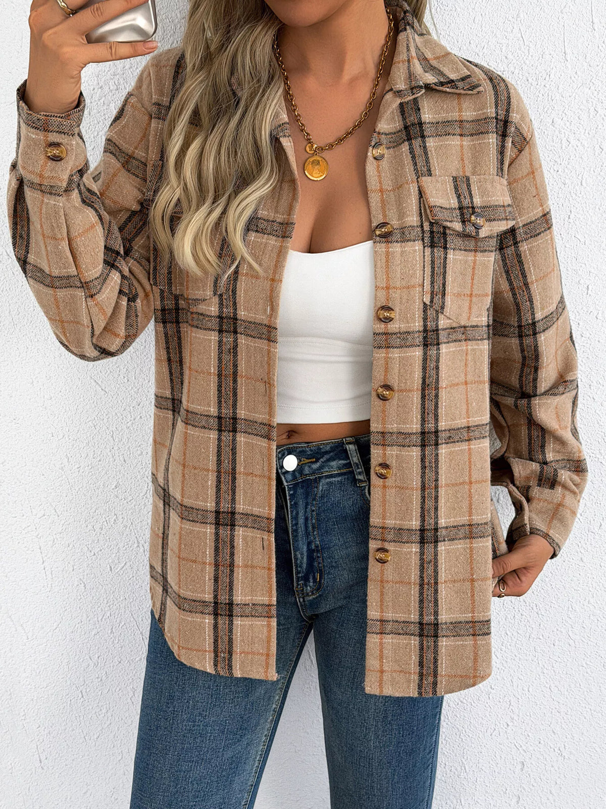 Plaid Button-Down Shacket by Clise