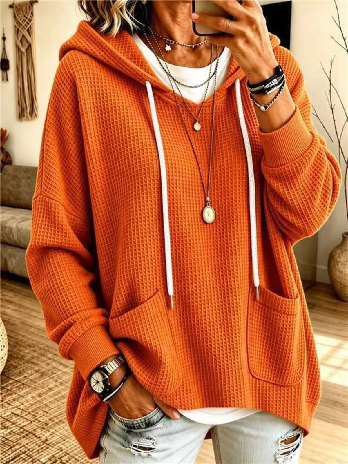 Waffle Knit Hoodie with Pockets