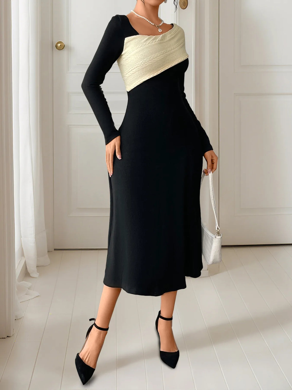 Asymmetrical Contrast Long Sleeve Dress in Black
