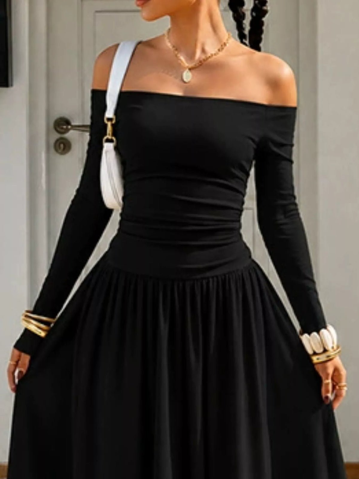 Off-the-Shoulder Ruched Maxi Dress