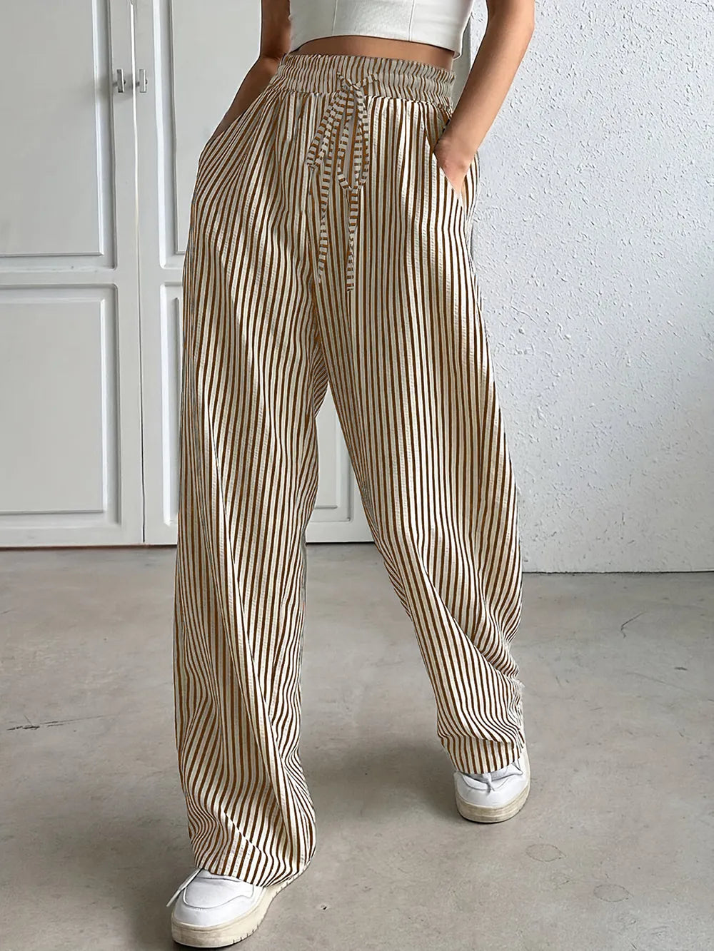 Striped Drawstring Elastic-Waist Pants