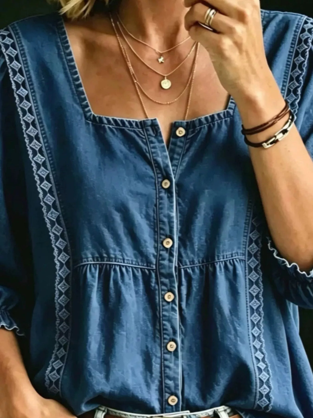 Square Neck Button-Down Denim Shirt