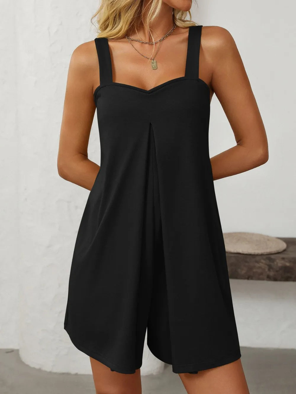 Sweetheart Neck Wide Strap Romper with Pockets