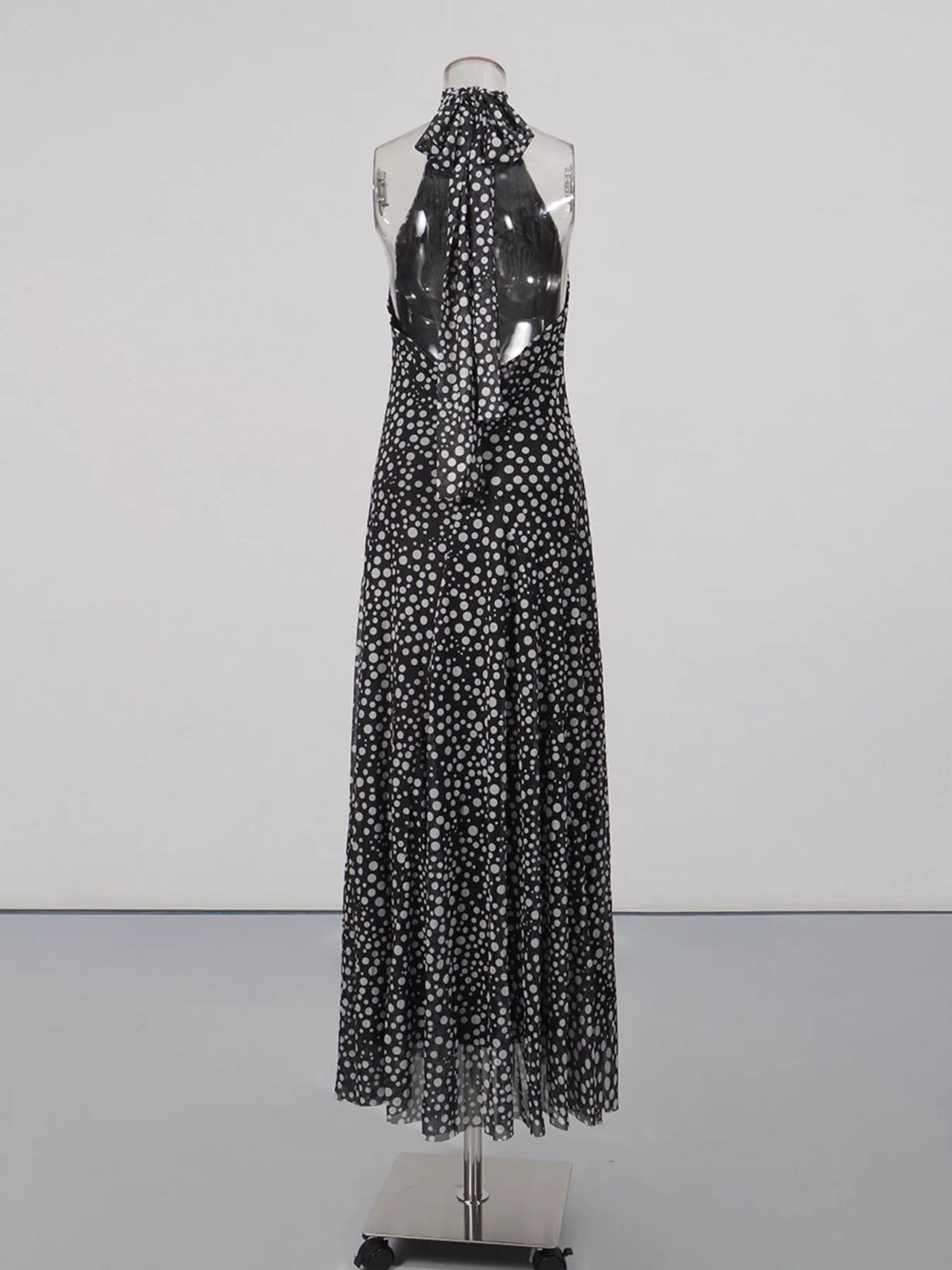 Halter Neck Polka Dot Maxi Dress in Black