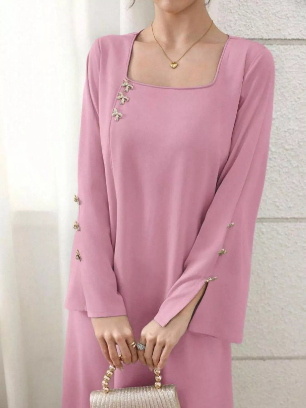 Square Neck Long Sleeve Maxi Dress in Dusty Pink