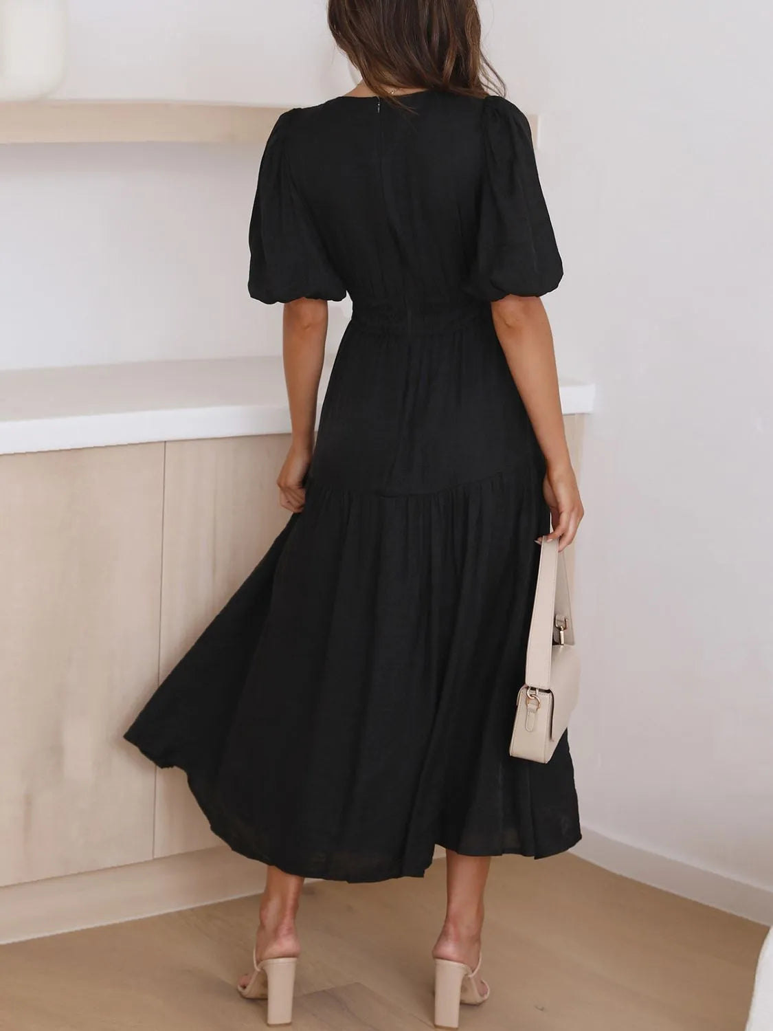 V-Neck Puff Sleeve Ruched Midi Dress