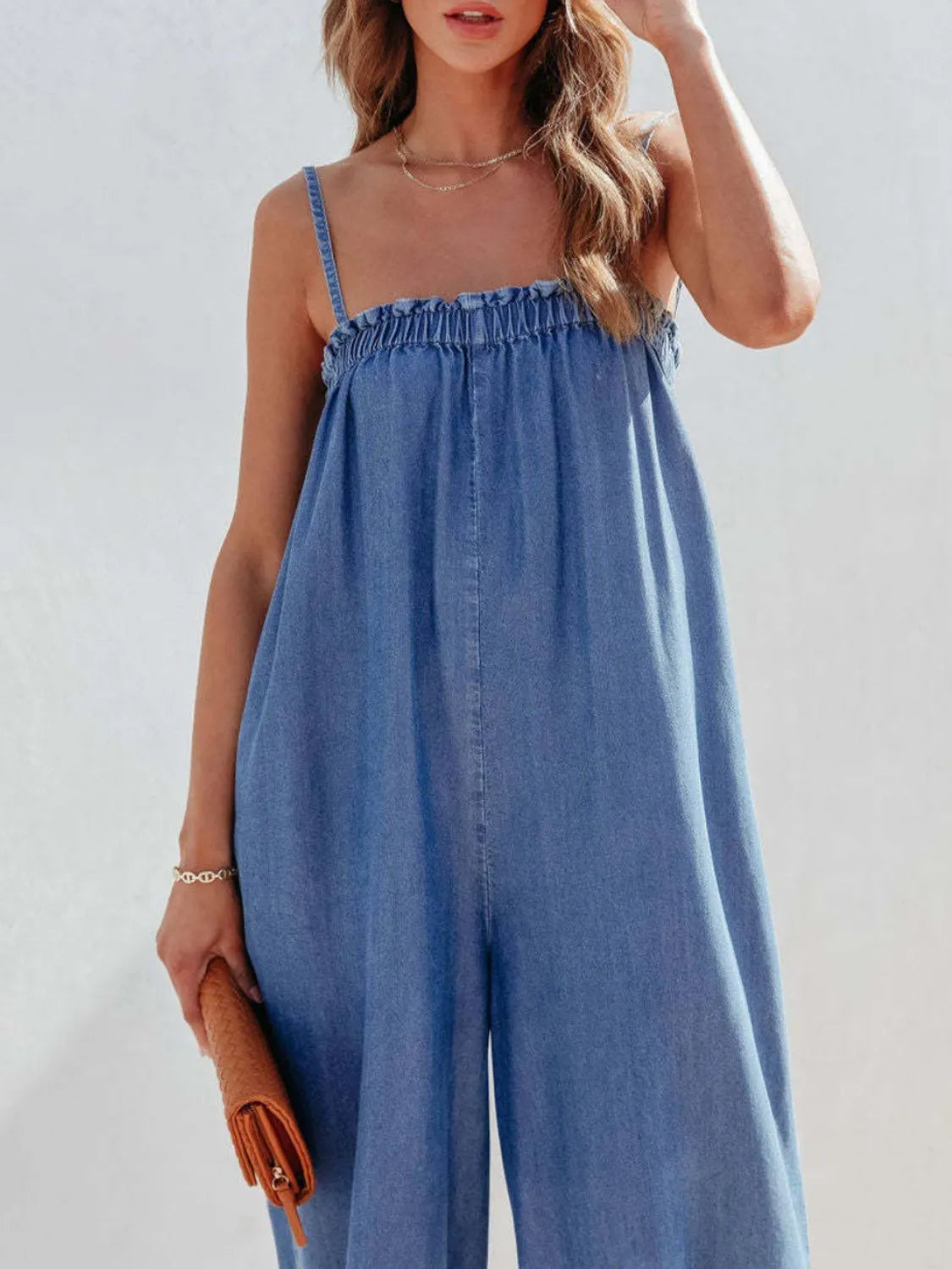Spaghetti Strap Wide Leg Denim Jumpsuit in Medium Wash by Yolan House