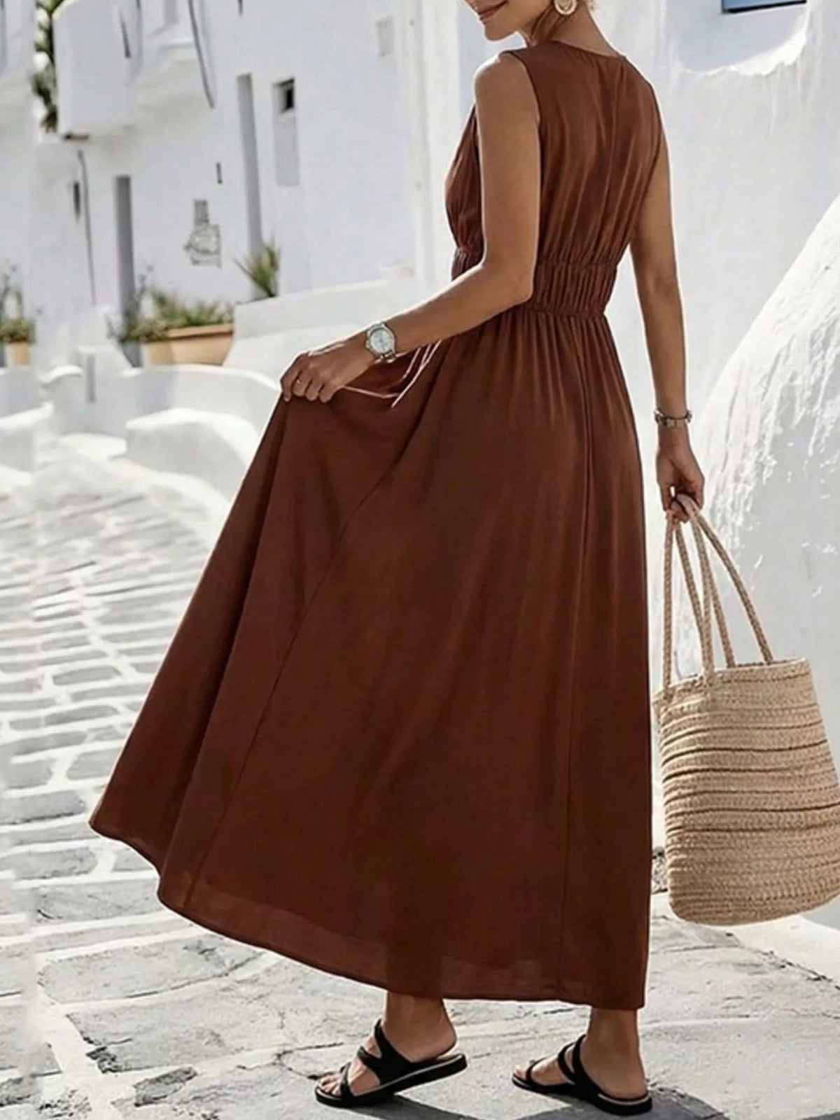 Ruched V-Neck Maxi Dress in Brown