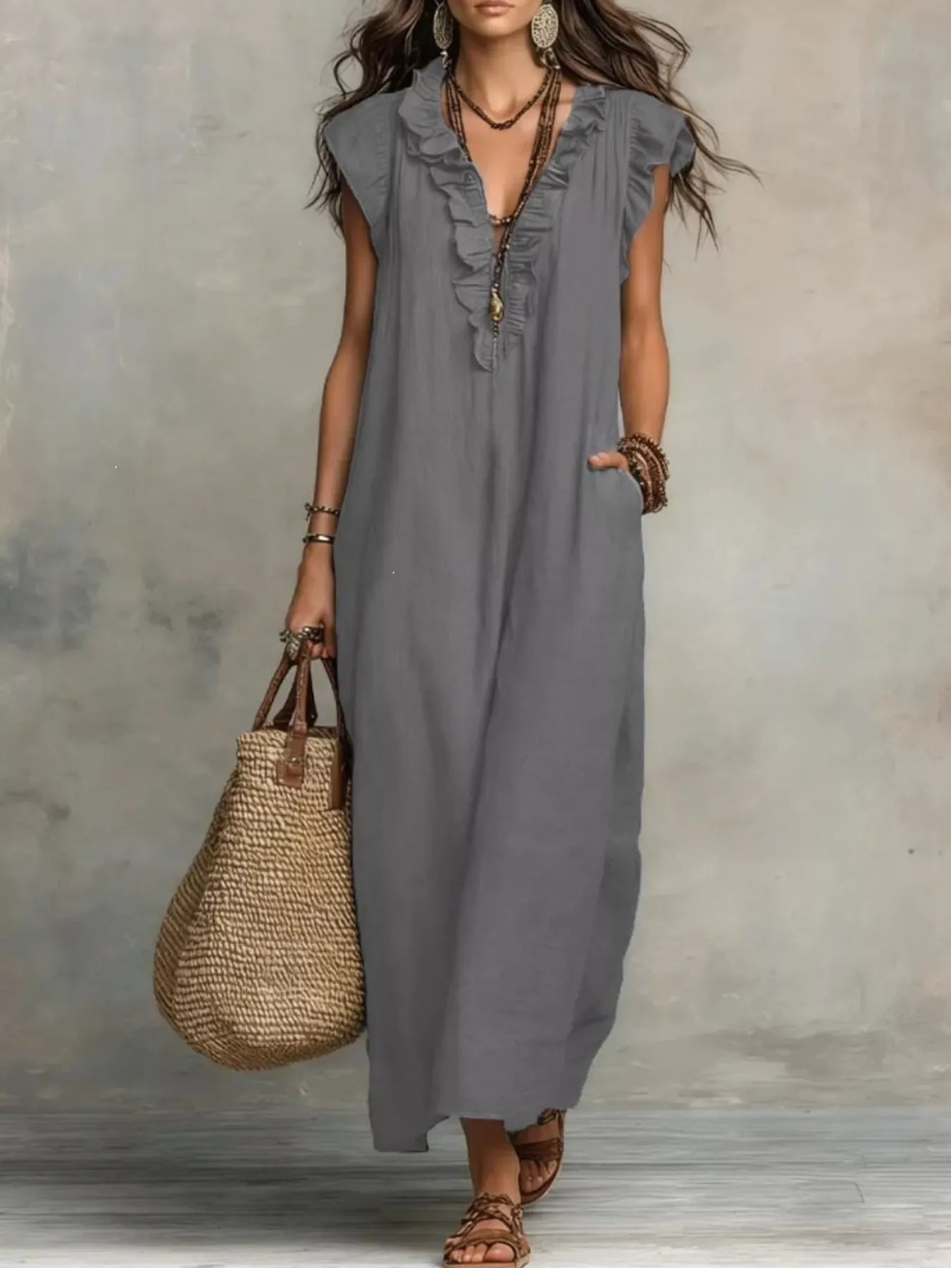 Ruffled V-Neck Cap Sleeve Maxi Dress Plus Size