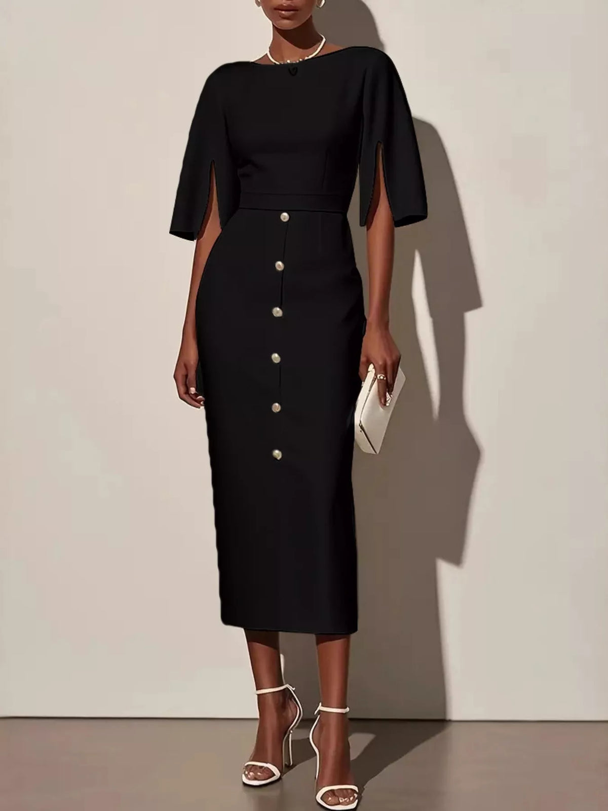 Decorative Button Slit-Sleeve Midi Dress